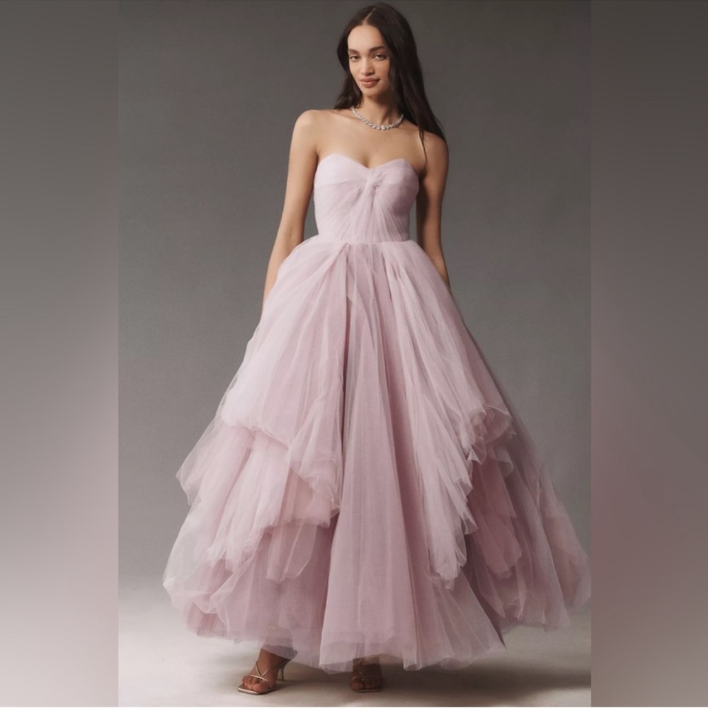 MAC DUGGAL Strapless Bustier Twist-Top Ruffle Ball Gown Anthropologie